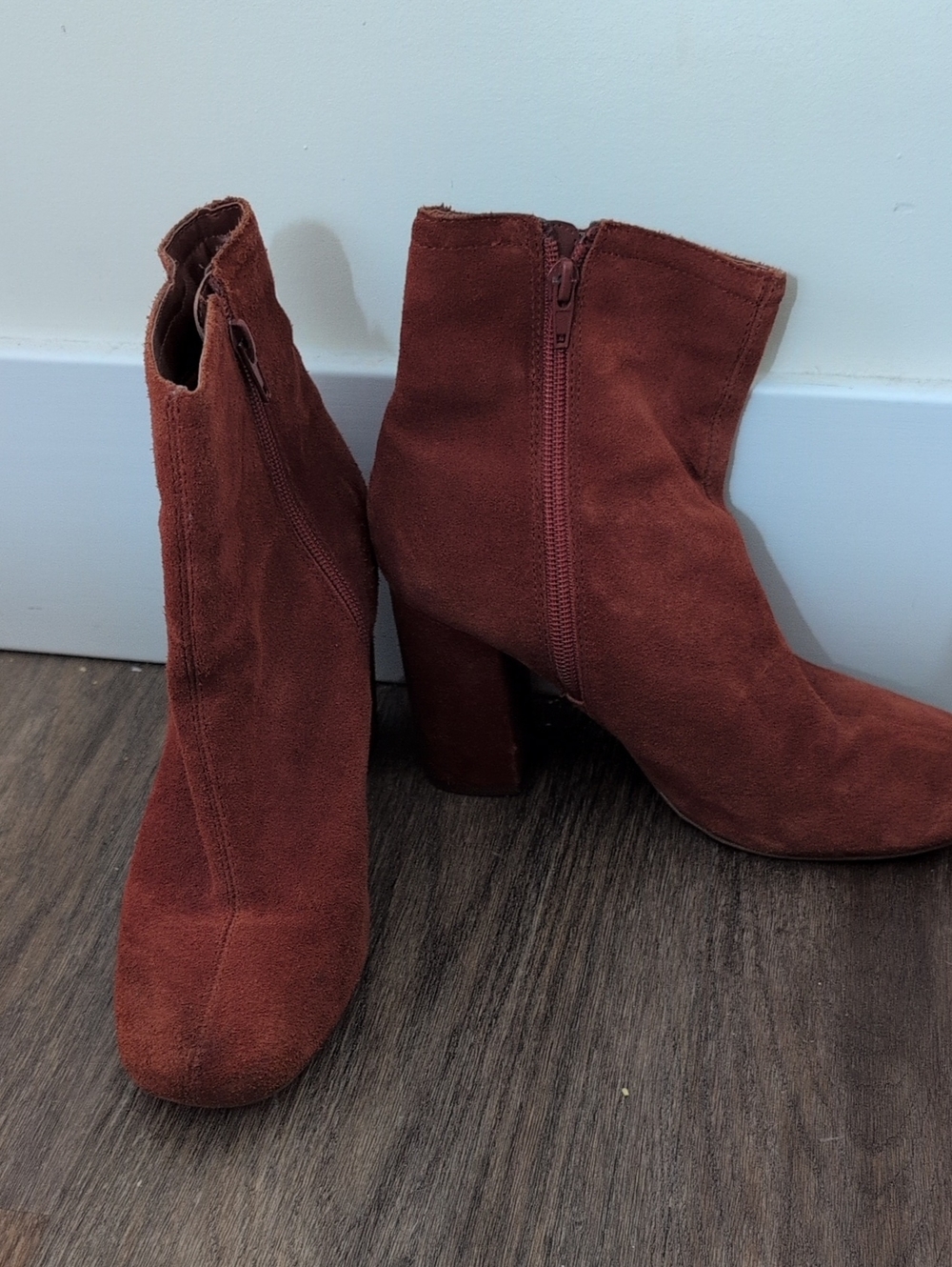 Suede Block Heel Ankle Boots – Rust Red